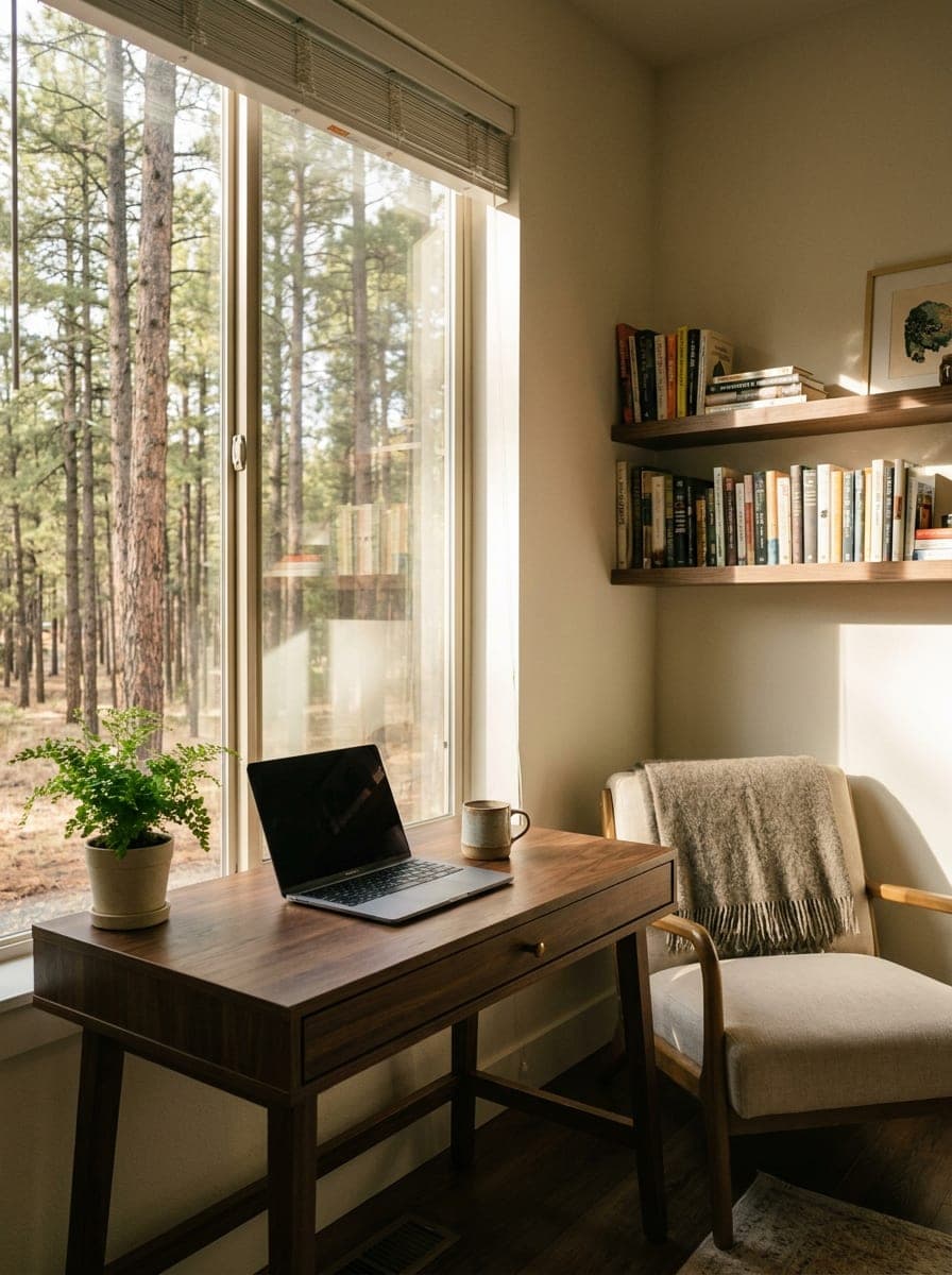 A home office with a window looking out onto a Flagstaff pine forest