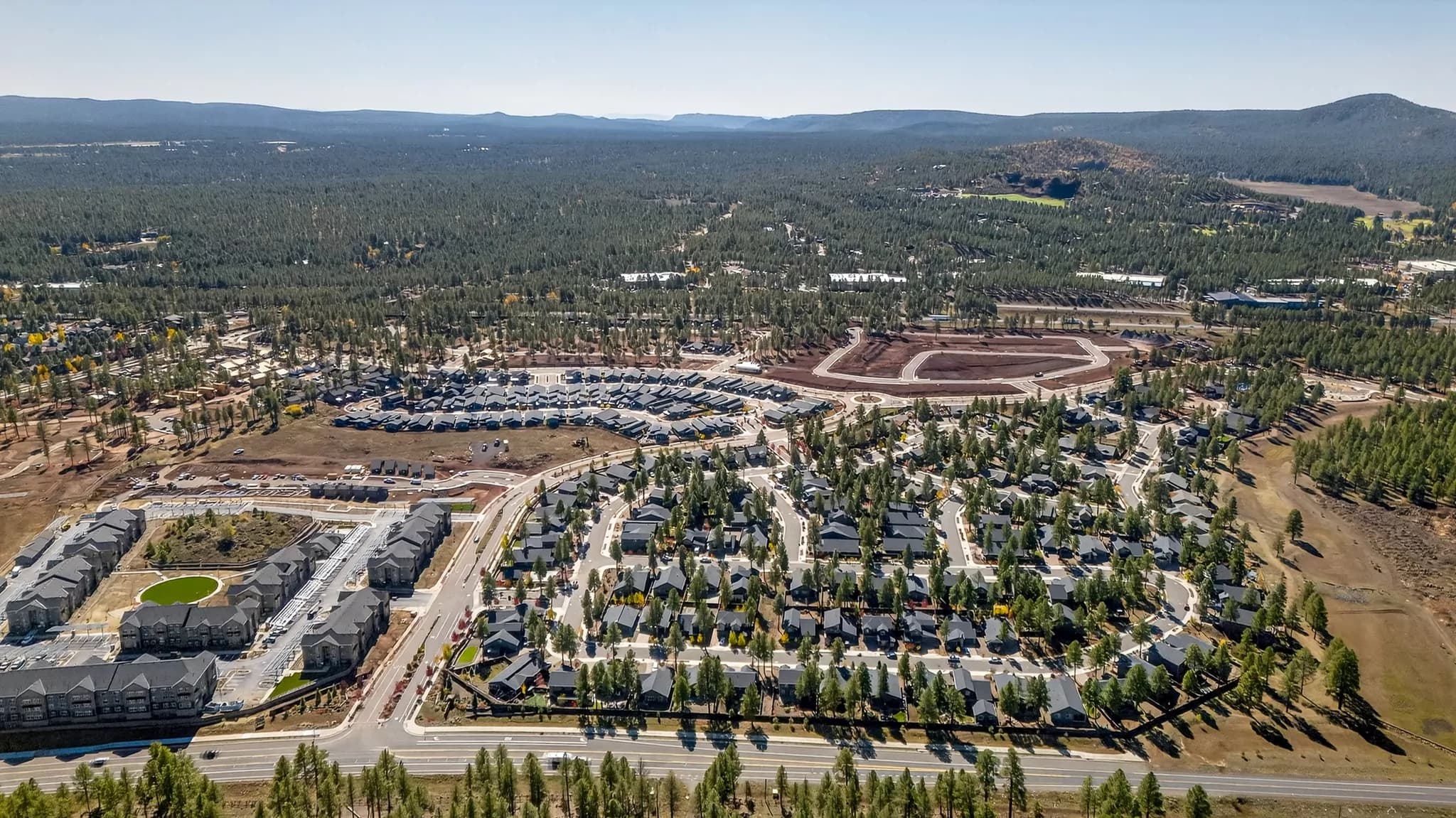 Aerial view of west Flagstaff, Arizona with ponderosa pine forest
